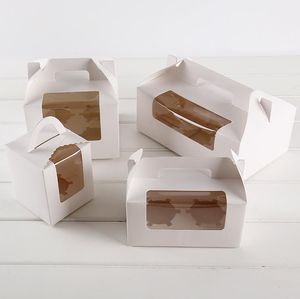 Caixas de cupcakes de papel de cartão branco caixas de embalagem de bolo com alça da caixa de muffin de janela transparente SN787