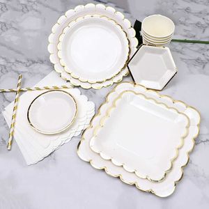 Disposable Dinnerware 8pcs White Tableware Golden Edge Square Plate Cup Wedding 1st Birthday Balloon Party Decoration Adults Balon Z0520