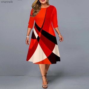 Sıradan elbiseler artı boyutu elbise 2022 Zarif Geometrik Baskı Partisi Elbise Sonbahar Bayanlar A-line Kırmızı Midi Akşam Kulübü Kıyafetleri 5xl L230520