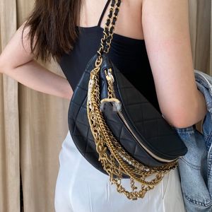 Tasarımcı Kadınlar Göğüs Çantaları Çanta Siyah Altın Tassel Göğüs Çanta Donanım Metal Tokalar Fermuar İnci Süslemeleri Şeritli Para Çantası Makyaj Kutusu Fanny Pack 31x16cm