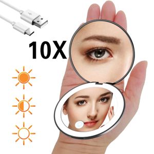 Kompakt Aynalar Mini Taşınabilir Katlanır Seyahat Cep Makyaj Aynası LED Işık Yuvarlak Handheld 10x Büyütülmüş Pembe Siyah Vanity 230520