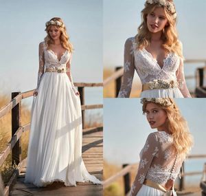 Elegant Vintage Chiffon Long Sleeve Beach Wedding Dress 2023 V Neck A Line Bridal Gown