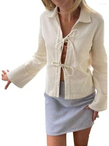 Women's Knits Womens Y2k V Neck Tie Knot Front Tops Long Sleeve Casual Blouse Shirts