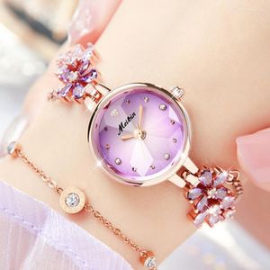 Нарученные часы Meibin Flower Athestone Bracelet Women Watches for Ladies Forist Purple Diel Diamond Rose Gold