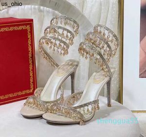 Sandalet Stiletto Sandalet Lüks Tasarımcı Rene Caovilla Kristal Avize Rhinestone Twining Ayak Yüzüğü Yüksek Topuklu Kadın Ayakkabı Dar Bant 10cm Topuk Sandal 3543 J