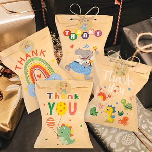Подарочная упаковка 24sets Спасибо Kraft бумажные пакеты милый Rainbow Dino с днем ​​рождения подарочный мешочек ретро цветочный вечер