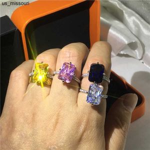 Band Rings Luxury Square 5ct Laborat Safir Topaz Elmas Yüzük Beyaz Altın Dolgulu Nişan Alyans Kadınlar Erkekler Partisi Takı Hediyesi J230522