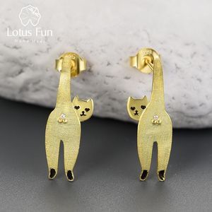 Stud Lotus Fun 18K Altın Alışılmadık Uzun Yaramaz Kitten Cat Stud Küpe Kadınlar Hediye Gerçek 925 STERLING Gümüş Orijinal Modern Mücevherat