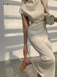 Vestidos casuais básicos twotwinstyle elegante vestido comprido de vestido longo fêmea redonda de manga curta cintura alta cortada midi para feminino moda 230522
