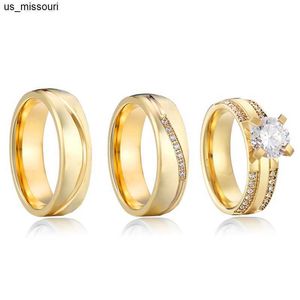 Bant Halkaları Düğün Nişan Yüzüğü Çift CZ Diamond 14K Altın Kaplama Gelin Sevenler Kadınlar ve Erkekler İçin İttifak Frlovningsringar J230522