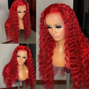Sıcak kırmızı dantel frontal peruk kıvırcık insan saç perukları derin dalga 13x4 şeffaf dantel ön peruk sentetik siyah kadınlar için ön kopukluk