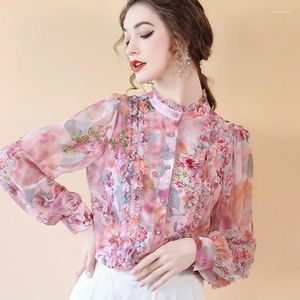 Kadın bluzları bluz kadın bahar sonbahar gömlek kadınların en rahat retro çiçek baskısı üstleri gevşek şifon blusas mujer