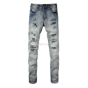 Tasarımcı Giyim Amires Jeans Kot Pantolon Amies Jeans Erkek High Street Amerikan Tarzı Bıçak Kesim Delikleri Büyük Hasar Kaju Çiçeği Yama Yıkanmış Mavi Yıpranmış Pantolon Dis