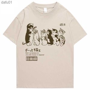 Erkek Tişörtler Erkekler büyük boy tişörtlü giyim giyim hip hop kedi duş sokak baskısı tişört rahat pamuk 2022 yaz kısa kollu tişört l230520