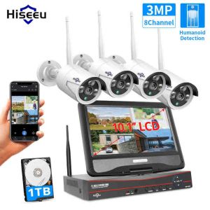 Hiseeu 3MP 8CH Wireless Camera CCTV Kit 10 1 LCD Monitor 1536P Outdoor Security Camera System WIFI NVR Kit AA220315