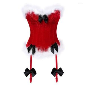 Bustiers korseler kadınlar seksi yan fermuar aşırı korset Bustier iç çamaşırı üst beyaz tüy burlesque up Noel Noel Baba kostüm