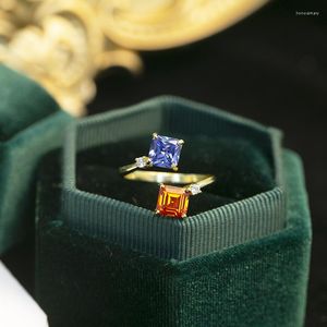 Кластерные кольца 925 Серебряное серебро инкрустировано апельсиновыми и голубыми бриллиантами Двойной квадрат драгоценных камней для женщин регулируемые световые роскошные украшения