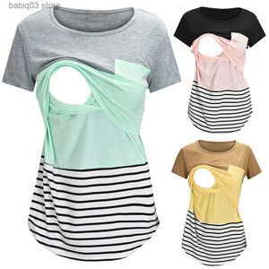 Maternity Tops Tees New Maternity Clothes Casual Tops Nursing For Breastfeeding T Shirt Striped Print Women Maternity Short Sleeve Maternity Blouse T230523