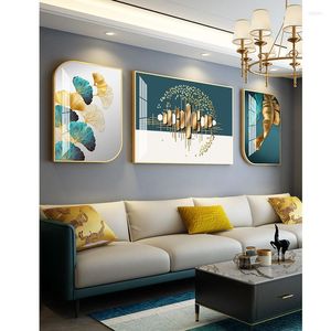 Frames Decoração da sala de estar Triptych Blue-Green Pintura Crystal Porcelain Picture With Metal Frame Modern Luxury Sofá Background Wal