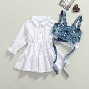 Giyim setleri moda çocuklar bebek kız giysileri düz renkli uzun kollu gömlek elbisesi denim boncuk yelek 2pcs kıyafetler 230523