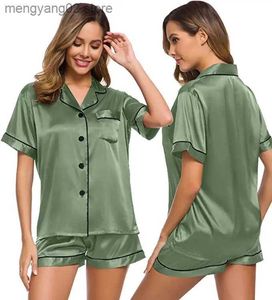 Kadın pijama saten pijamalar Kadınlar Kısa Kollu Sweet Good Yumuşak İpek Düğmesi Aşağı Loungewear PJS Şort Set S-XXL T230524