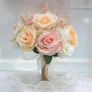 Dekoratif Çiçekler Gelin Nedime Gül İpek Saten Şeridi Pembe Beyaz Şampanya Mariage Buket Düğün Aksesuarları