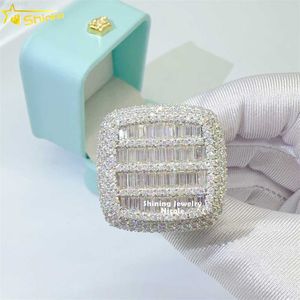 Lüks Bling Tamamen buzlu Baget Diamond 925 STERLING Silver Hip Hop Erkekler Moissanite Ring