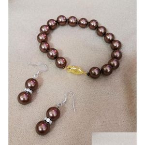 Серьговые ожерелья набор женщин ювелирные изделия 8 мм 10 мм 12 -мм кофейный кофе круглый натуральный южный море жемчужный браслет рюксу