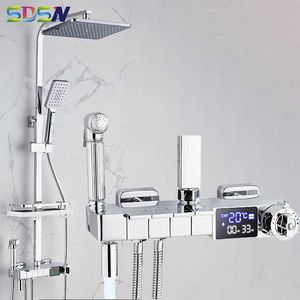 Banyo duş setleri piyano termostatik banyo duş seti katı pirinç banyo mikser musluklar yağış duş başlığı krom dijital piyano duş seti g230525