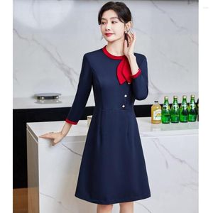 Casual Dresses 2023 Spring Fashion Women Navy Blue Office Ladies OL Work Party Wear O-neck Long Sleeve