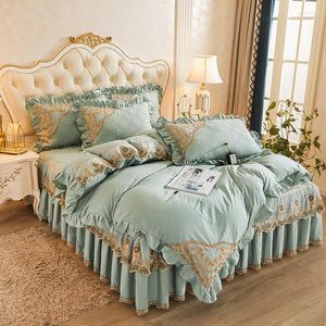 Yatak takımları Kore dantel seti pamuklu yeşil yatak odası kraliçe kral krallık yorgan kapağı 2 yastık şemsiyeli romantik kapitone yatak örtüsü