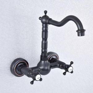 Mutfak Muslukları Banyo Havzası Musluğu Siyah Yağ Ovulmuş Bronz Lavabo Musluk 360 Döner Spout Mikser Duvar Monte LSF721