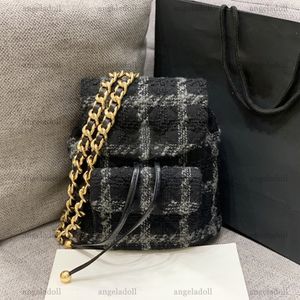 Designers de qualidade de espelho 10A Pequena mochila de tweed 24 cm Bola de tecido feminino Bolsa feminina Bolsa de tira dupla de tira de ouro dupla saco preto com caixa