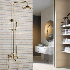 Наборы для душа в ванной комнате золотой цвет латунный настенный настенный ванная комната 8 -дюймовый круглый осадки для душа смеситель для ванны для ванны для ванны с нажатием ручной душ Mgf344 G230525