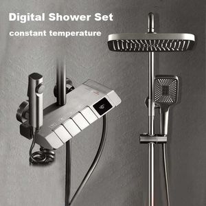 Bathroom Shower Sets Grey Black Piano Digital Display Shower Set Intelligent Brass Bathroom Faucet Hot Cold Waterfall Tap Rainfall Shower System G230525