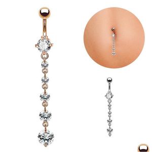 Göbek Çan Düğmesi Yüzükler Moda Paslanmaz Çelik Zirkon Uzun Sarkık Yuvarlak Rhinestone Belly Ring Bar Barbell Piercing Ters Jewelr Dhozv