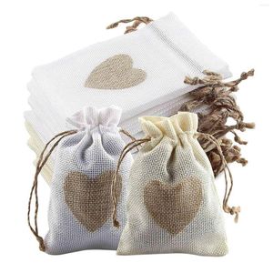 Depolama Çantaları 24 adet Çuval Tepe Drawstring ve Kalp Desenli Şeker Hediye Çantası Poşeti Vaftiz Doknusu Dolma için Düğün