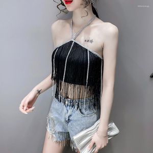 Tanques femininos #5372 Black Halter Short Top Women Tassels Tassels Sexy Outerwear Crop Crop Tight Croft Basic Basic Crochet Summer 2023