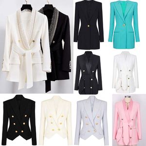Ternos femininos, blazers, design fino, jaquetas Woan, preto, branco, roupa de escritório, tachas douradas, design de alça de cinto, roupas de luxo P-GG