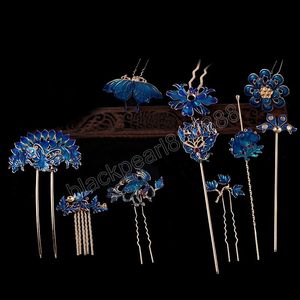 Antik Orkide Çiçek Saç Çubuğu Cloisonne Lüks Mücevher Mavi Saç Pimi Çin Vintage El Yapımı Saçkop Stil Araçları