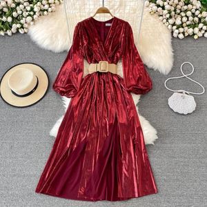 Sıradan Elbiseler Elegantes Metalik Renk V Yez Vestido de Fiesta Mujer Para Una Boda Kemer Kadınlar İçin Yüksek Bel Elbise Vintage Dropship