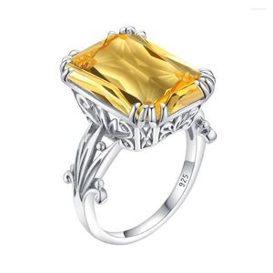 925 Sterling Silver Cluster Rings for Women, Citrine Punk Yellow Crystal Rectangle Luxury Jewelry