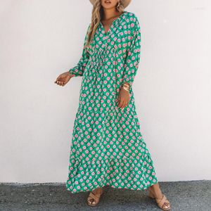 Sıradan Elbiseler Kadın Yaz Elbisesi 2023 Uzun kollu ince moda yeşil baskı