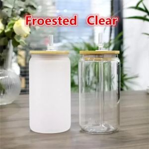 ABD CA Stock 16oz Süblimasyon Cam Boşluk Bambu Kapak Buzlu Bira Borosilate Borosilate Tumbler Mason Kavanoz Kupaları Plastik Saman 50 PCS/CTN