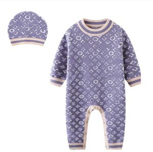 Pagliaccetti di marca per bambini a maglia Lettere stampate Tute a maniche lunghe per neonati con cappelli Autunno Inverno Tutine per bambini Abbigliamento per bambini di un pezzo