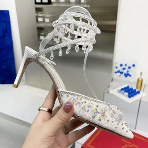 Gao xi düğün kristaline sarılmış yüksek topuklu sandaletler, stras ayakkabıları ve ayak bilekleri sivri lüks tasarımcı moda 7.5cm rc cleo rene caovilla ile kutu topu kadın elbisesi