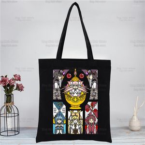 Alışveriş Çantaları Puella Magi Madoka Magica Tote Çanta Orijinal Tasarım Siyah Unisex Seyahat Tuval Eko Katlanabilir Alışverişçi