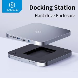 Hubs Hagibis USB C HUB Sabit Sürücü Muhafaza TypeC Docking İstasyonu Mac Mini için 2.5 SATA NVME M.2 SSD KASASI DP USB3.0 M1/M2