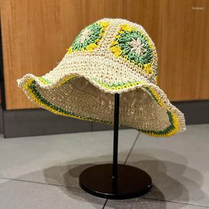 Geniş Memlu Şapkalar Çiçek Samanı Kadınlar İçin Tasarımcı Çiçek Tığ işi Kova Yaz Plajı Güneş Koruma Kadın Deniz Kıyısı Sunhat Katlanabilir