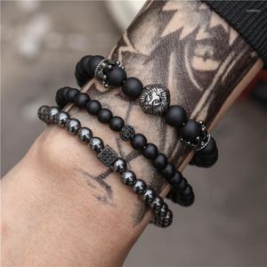 Pulseras de encanto Ashion 3 unids / set 6 mm negro mate piedra cobre pulsera de cuentas cuerda elástica cz bola leopardo cráneo corona para hombres mujeres